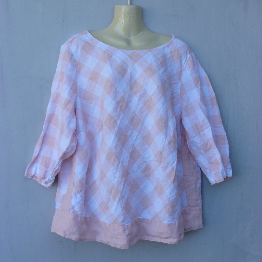 J JILL Love Linen Pink and White Plaid Top